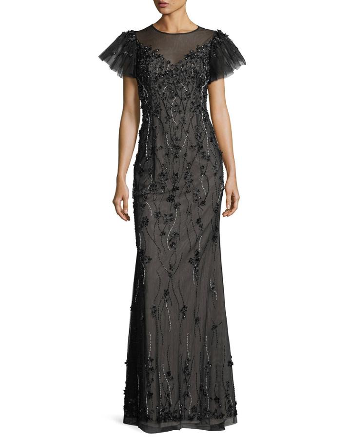 Embellished Puff-sleeve Column Gown