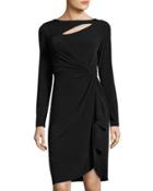 Long-sleeve Keyhole Faux-wrap Dress, Black