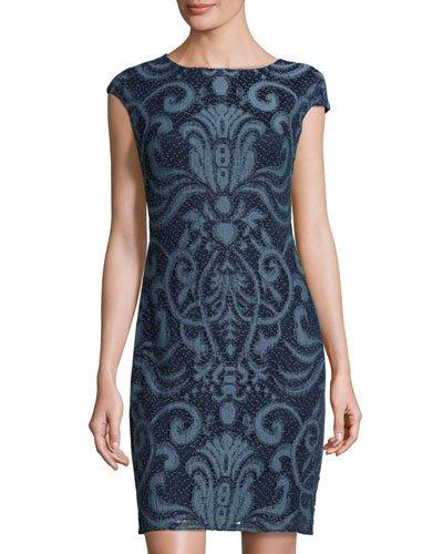 Embroidered-lace Sheath Dress, Denim