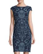 Embroidered-lace Sheath Dress, Denim