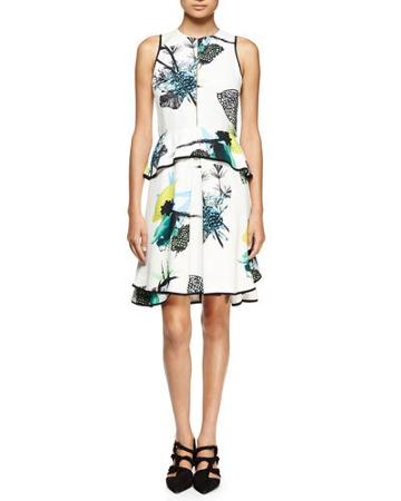 Sleeveless Ikebana-print Peplum Dress