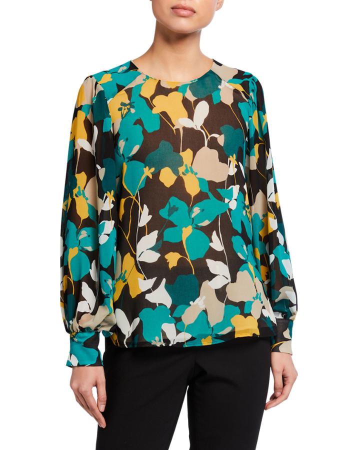 Floral Poof-sleeve Blouse