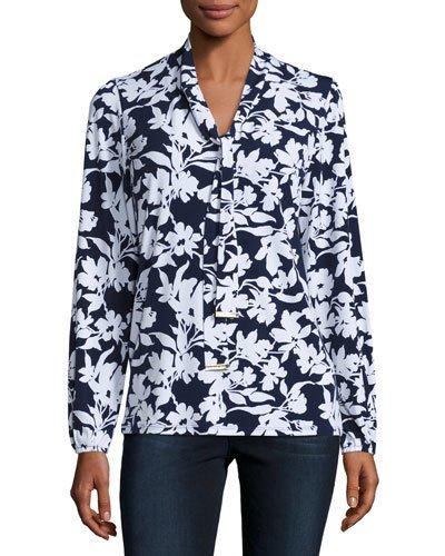 Floral Tie-neck Top, White