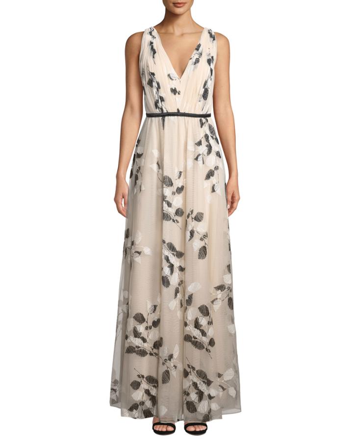 Floral-embroidered Glitter Mesh V-neck Gown