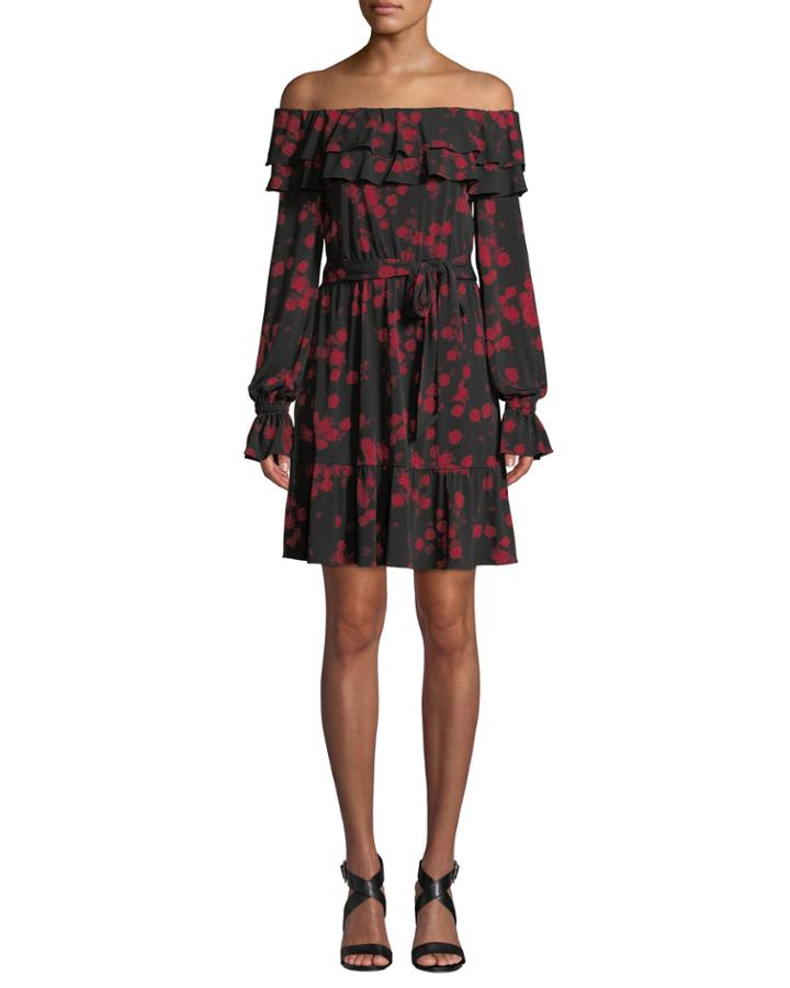 Rose-print Off-the-shoulder Dress