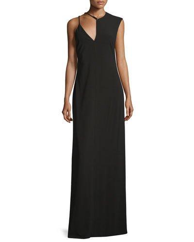 Sleeveless Jewel-neck Fitted Gown, Black