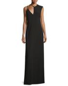 Sleeveless Jewel-neck Fitted Gown, Black