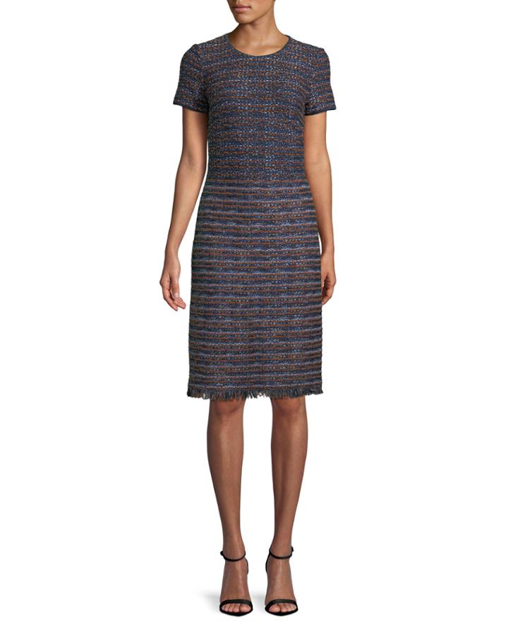 Short-sleeve Ombre Ribbon Tweed Knit Dress