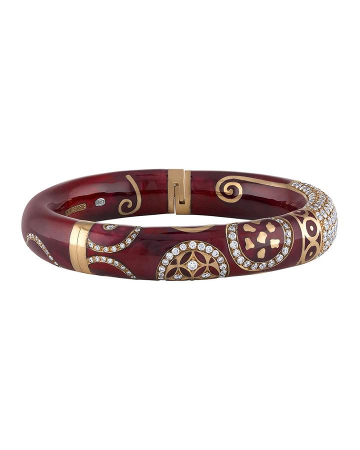 18k Rose Gold & Enamel Bangle W/ Diamonds,