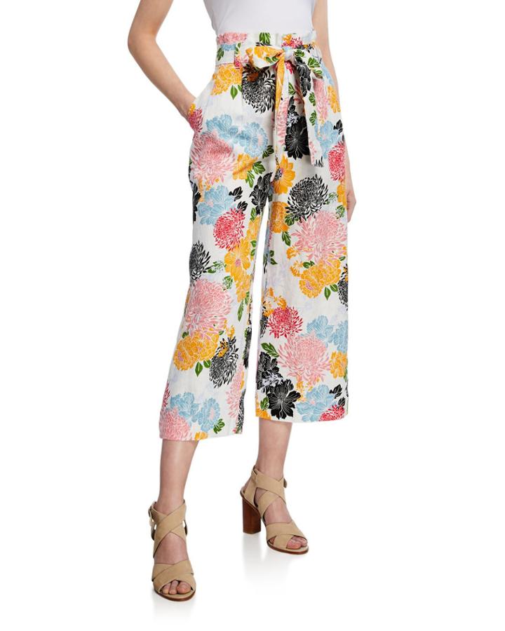 Floral-print Tie-front Wide-leg Pants