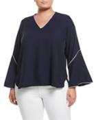 Contrast-piped Flare-sleeve Blouse,