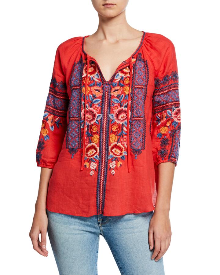 Dani Embroidered Split-neck 3/4-sleeve Linen Peasant Blouse