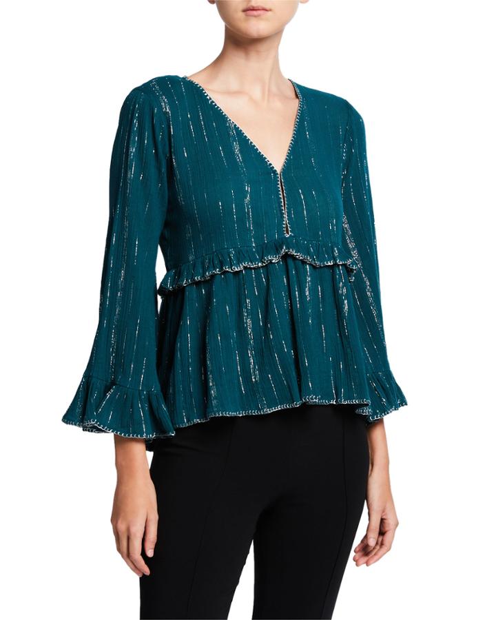 V-neck Ruffle-trim Metallic Striped Peplum Top