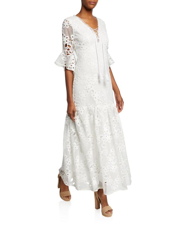 Lace-up Floral-lace Elbow-sleeve