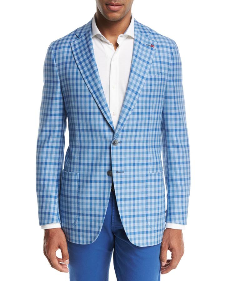Domenico Gingham Two-button Sport Coat, Light Blue/white