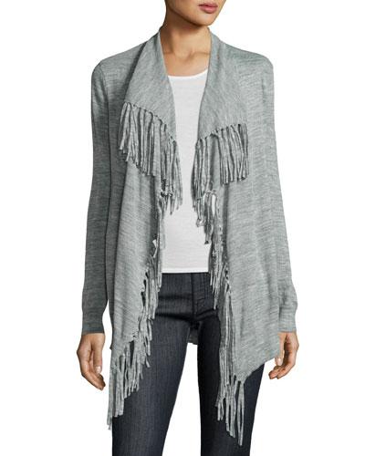 Fringe-trim Open-front Cardigan, Gray
