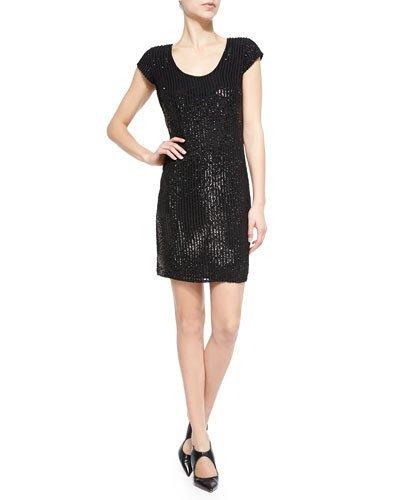 Sequin Pinstripe Scoop-neck Dress, Black