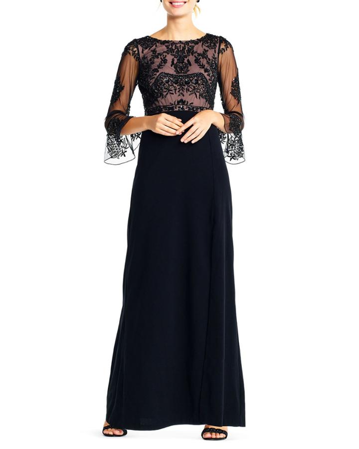 3/4-sleeve Beaded-bodice Gown
