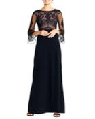 3/4-sleeve Beaded-bodice Gown