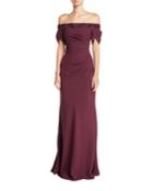 Off-the-shoulder Crepe Gown W/ Beaded Trim