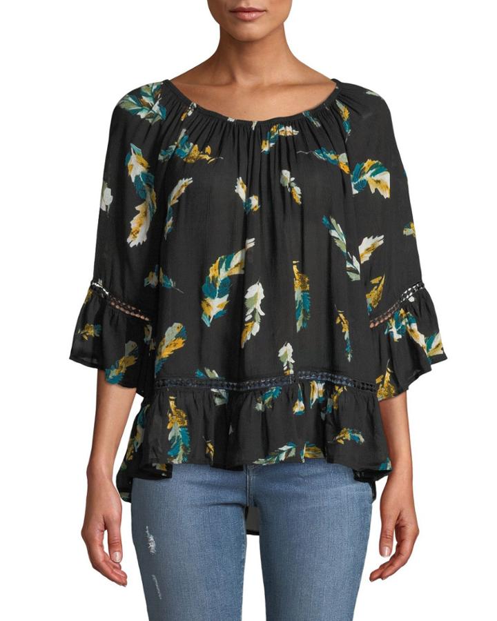 3/4-sleeve Feather-print Blouse