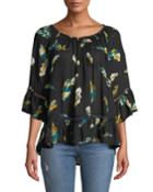 3/4-sleeve Feather-print Blouse