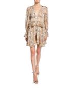Pallenberg Paisley Plunge-neck Long-sleeve Mini Dress W/ Bead Trim