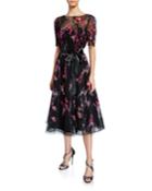 Elbow-sleeve Embroidered Tulle Cocktail Dress W/ Sequin Underlay