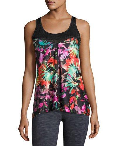 Splash Palm Lace Mesh Tank, Black/multi