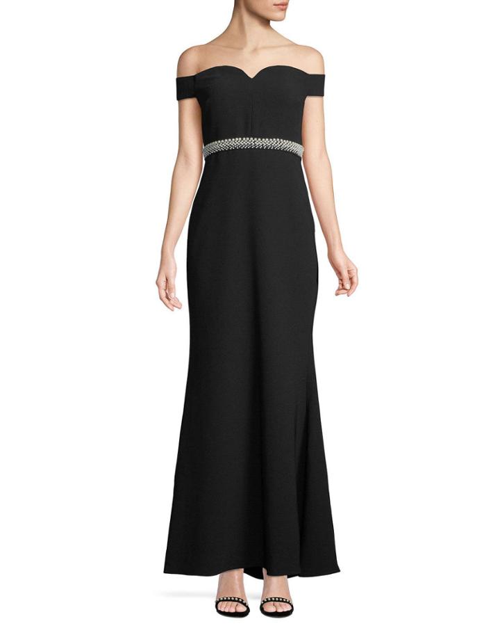 Off-the-shoulder Pearlescent-belted Gown