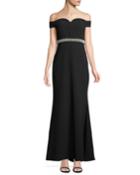 Off-the-shoulder Pearlescent-belted Gown