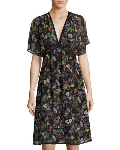 Floral-print Georgette Dress, Black Pattern
