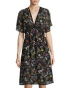 Floral-print Georgette Dress, Black Pattern