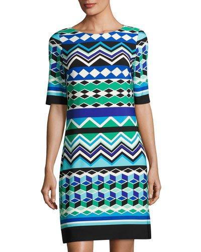 Graphic-print Half-sleeve Shift Dress, Green/blue