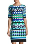 Graphic-print Half-sleeve Shift Dress, Green/blue