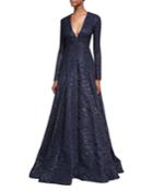 Deep V-neck Fil Coupe Ball Gown, Blue