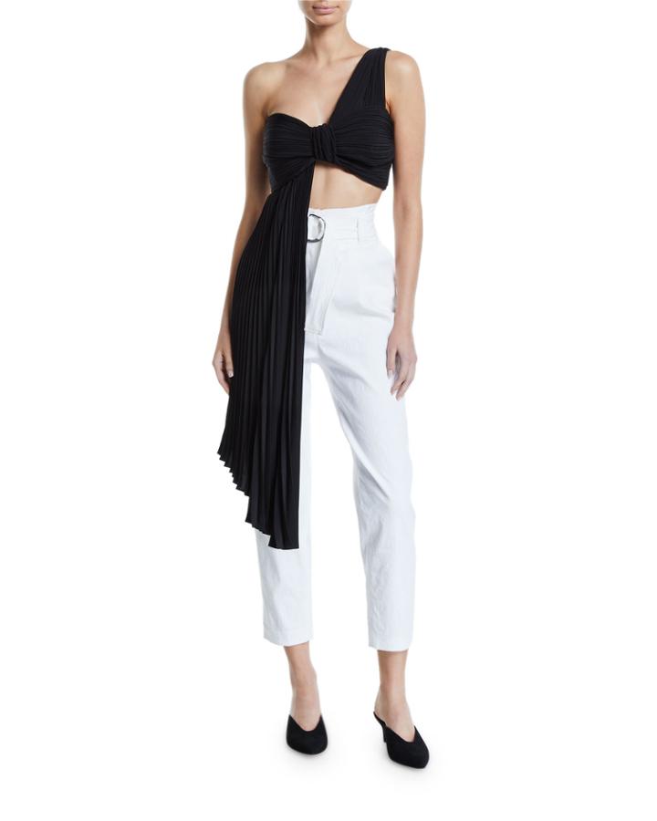 Liv Draped One-shoulder Plisse Crop Top