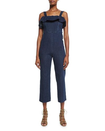 Ruffle Sleeveless Denim Jumpsuit, Blue