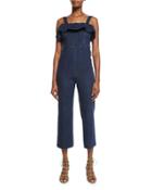 Ruffle Sleeveless Denim Jumpsuit, Blue