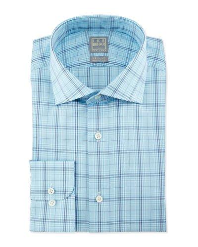 Large Windowpane-check Woven Dress Shirt, Aqua/navy