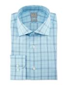 Large Windowpane-check Woven Dress Shirt, Aqua/navy