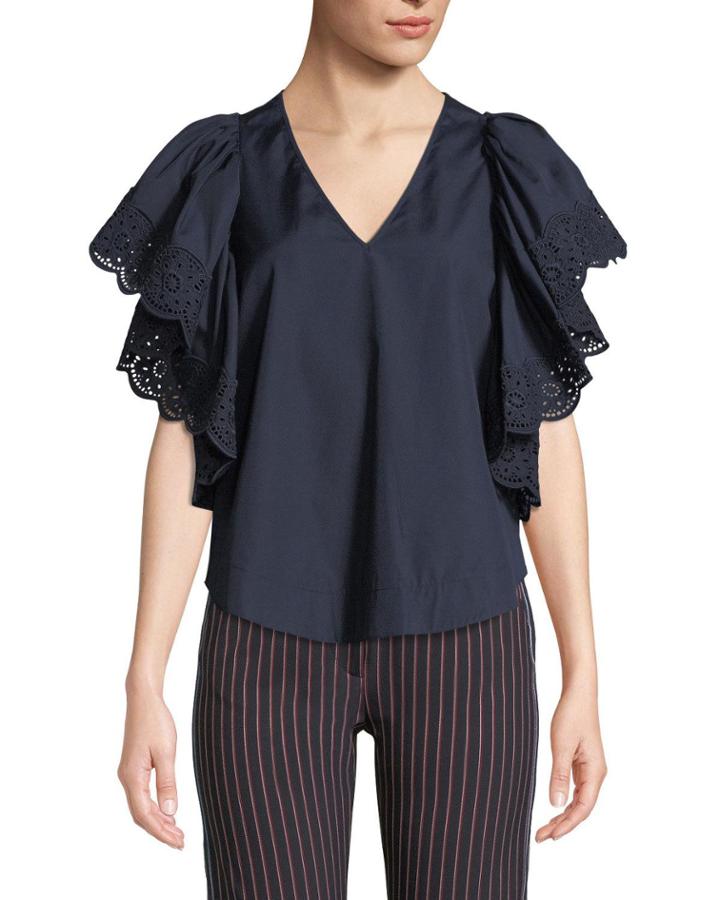 Ruffle-sleeve Poplin V-neck Top