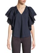 Ruffle-sleeve Poplin V-neck Top