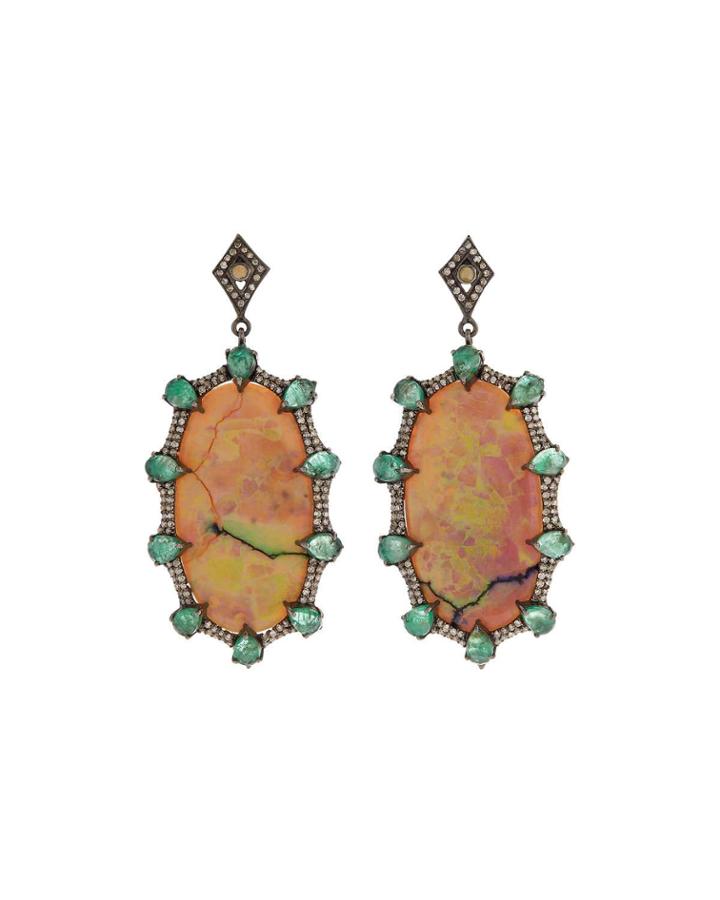 Black Silver Oval Drop Earrings With Compressed Opal, Emerald & Diamonds
