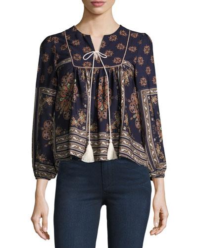 Bianca Printed Caftan-neck Top, Navy