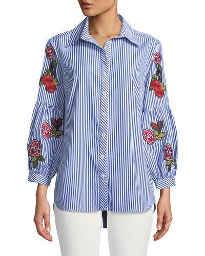 Embroidered-sleeve Striped Button-front Blouse