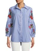 Embroidered-sleeve Striped Button-front Blouse