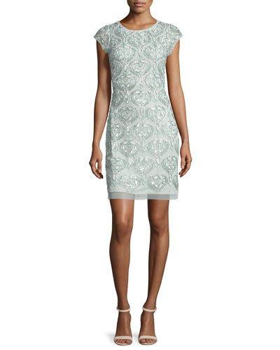 Cap-sleeve Beaded Sheath Cocktail Dress