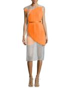 Sleeveless Sheer Plisse Colorblock Dress, Orange