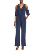 Solid Cold-shoulder Knit Jumpsuit, Navy